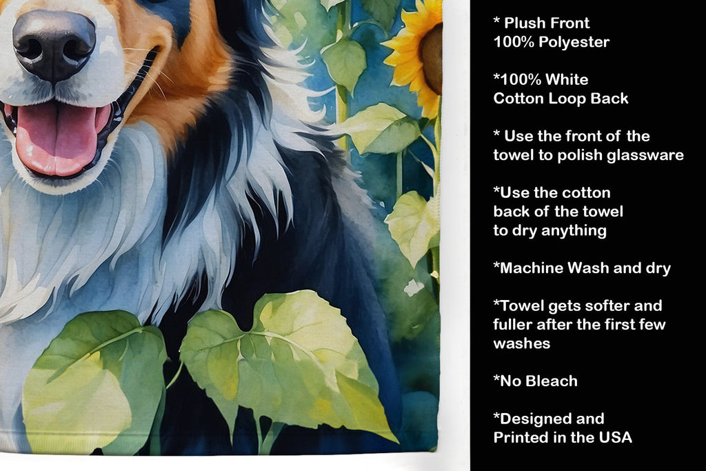 Border Collie in Sunflowers Kitchen Towel Velour Plush Front and Cotton Loop Back Machine Washable