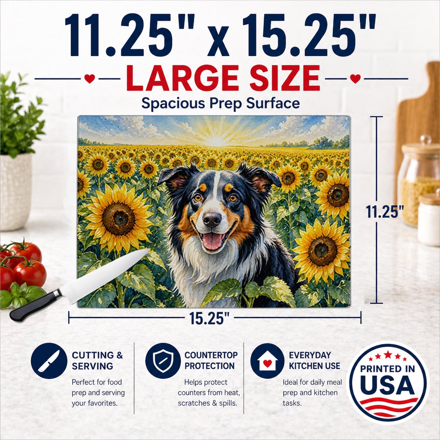 Border Collie in Sunflowers Cutting Board Tempered Glass Kitchen Cutting Surface, Heat Resistant Chopping Board with Non-Slip Feet, Decorative Food Prep & Serving