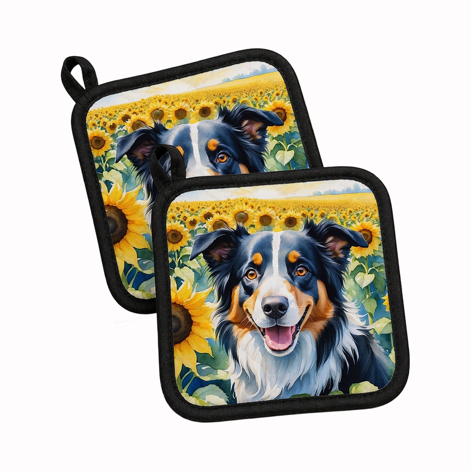 Border Collie in Sunflowers Pot Holder Set of 2 Heat Resistant Quilted Hot Pads 7.5 x 7.5 Inch, Insulated Kitchen Trivets for Cooking & Baking