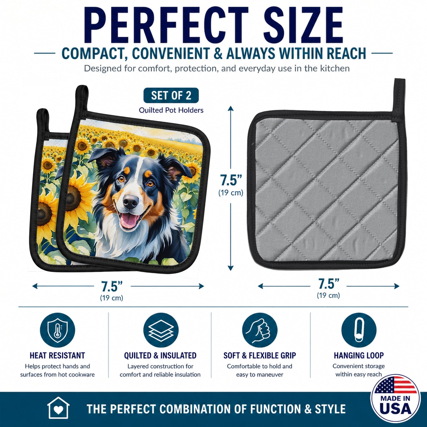 Border Collie in Sunflowers Pot Holder Set of 2 Heat Resistant Quilted Hot Pads 7.5 x 7.5 Inch, Insulated Kitchen Trivets for Cooking & Baking