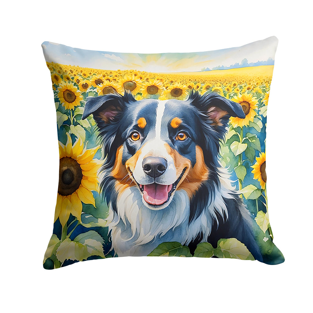 Border Collie in Sunflowers Decorative Throw Pillow 14x14 Indoor Outdoor Accent Cushion, Fabric Cover with Insert for Sofa, Bed, Porch & Living Room