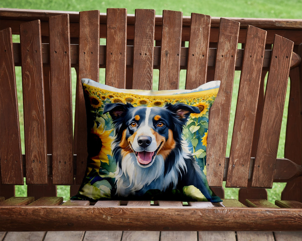 Border Collie in Sunflowers Decorative Throw Pillow 14x14 Indoor Outdoor Accent Cushion, Fabric Cover with Insert for Sofa, Bed, Porch & Living Room
