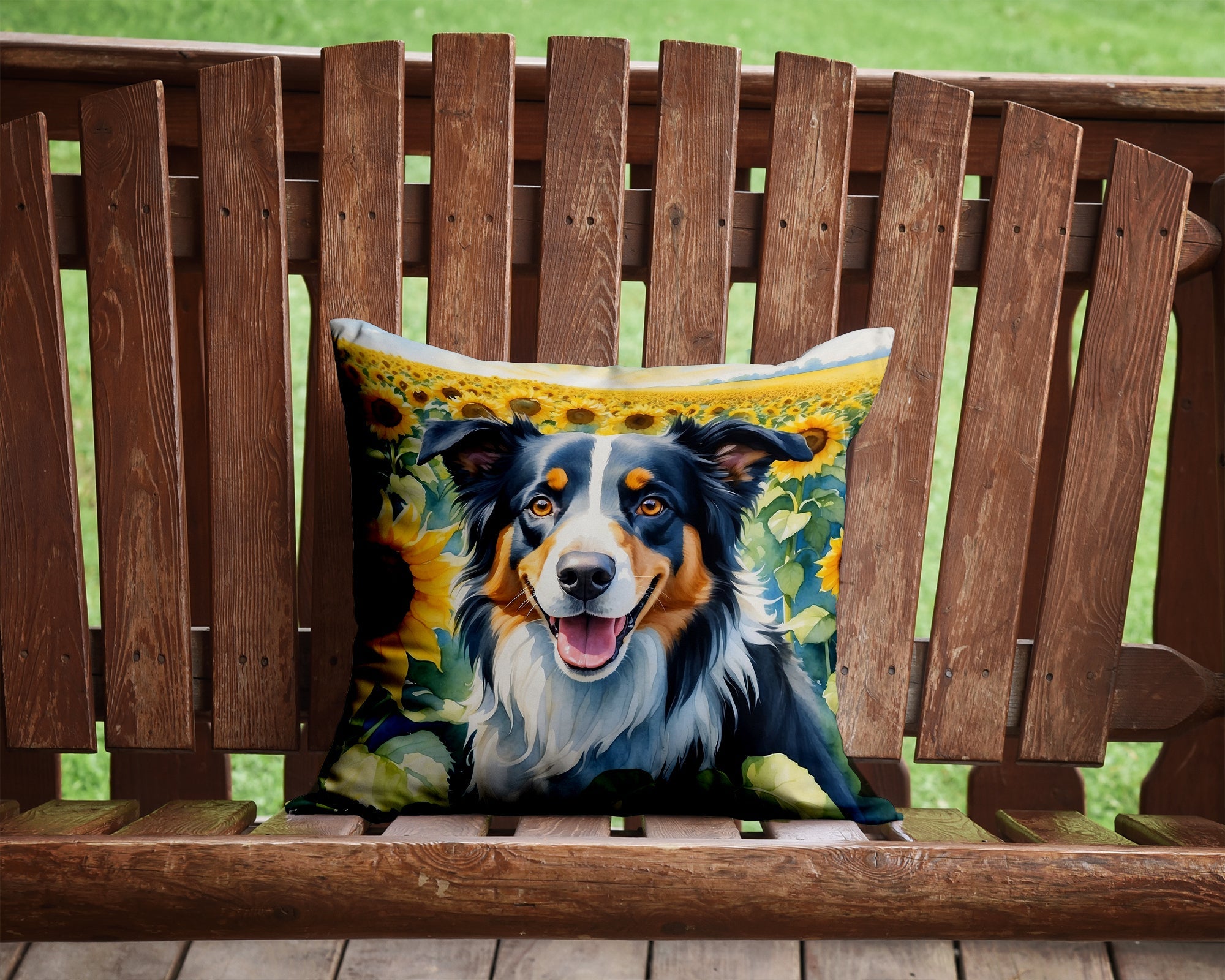 Border Collie in Sunflowers Decorative Throw Pillow 14x14 Indoor Outdoor Accent Cushion, Fabric Cover with Insert for Sofa, Bed, Porch & Living Room