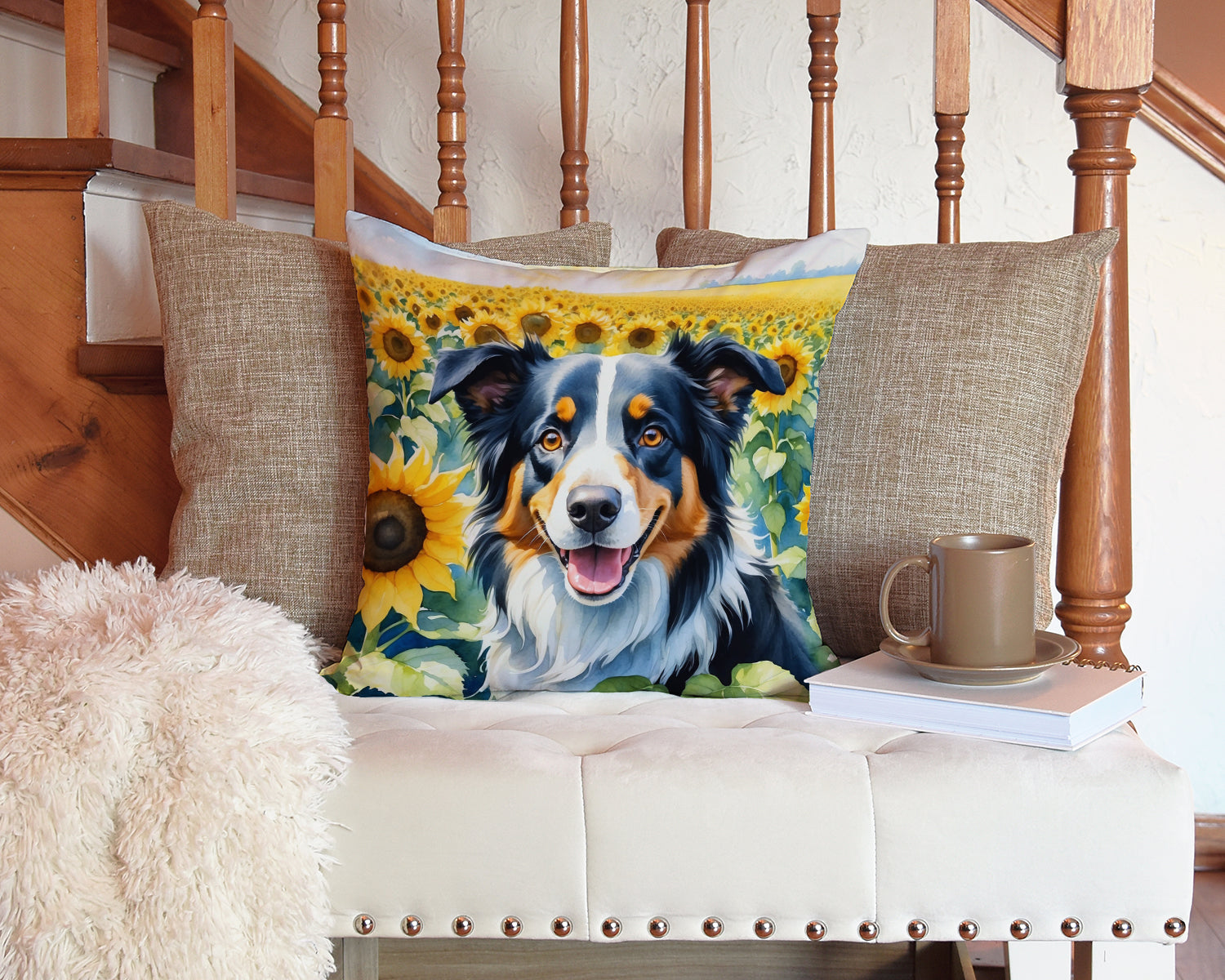 Border Collie in Sunflowers Decorative Throw Pillow 14x14 Indoor Outdoor Accent Cushion, Fabric Cover with Insert for Sofa, Bed, Porch & Living Room