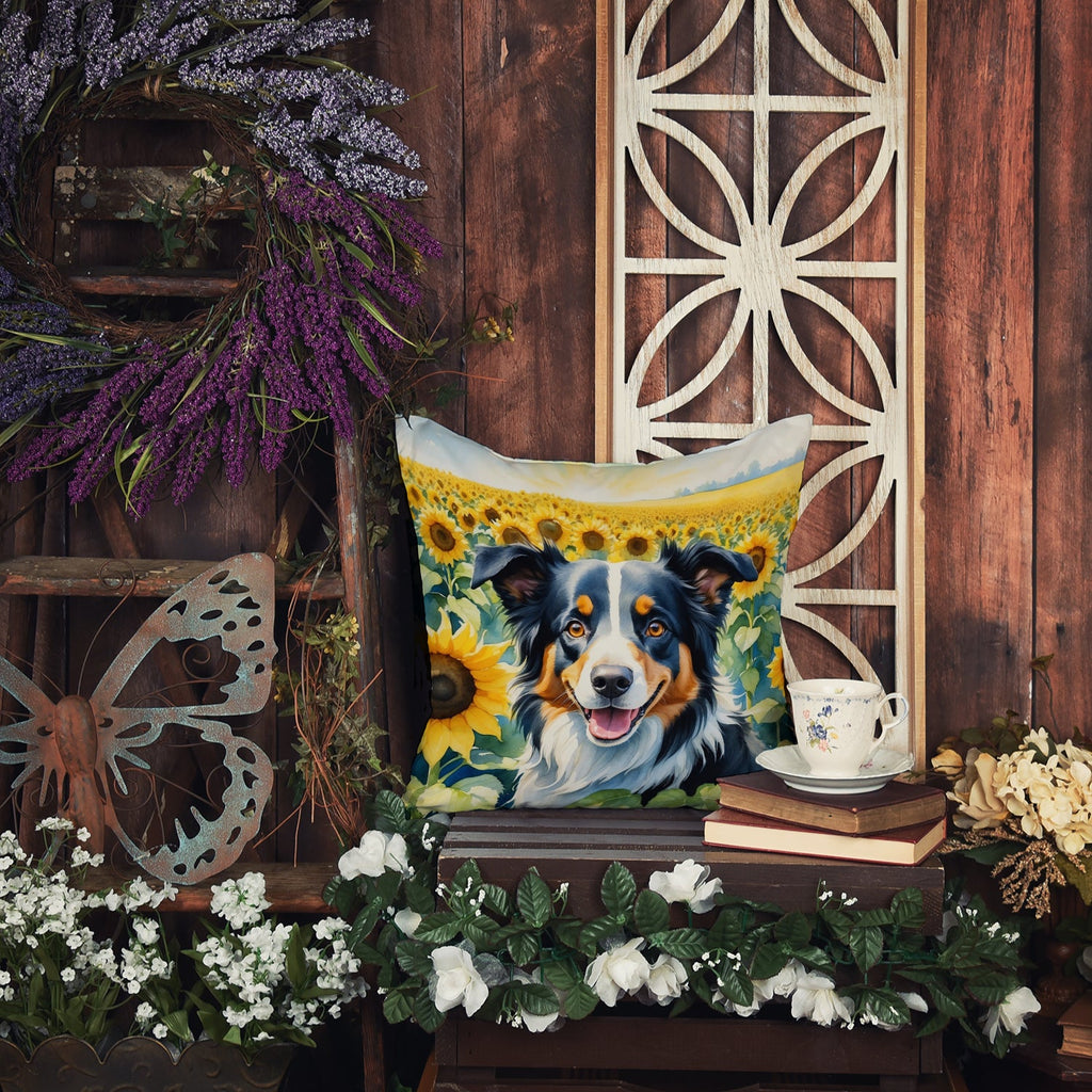 Border Collie in Sunflowers Decorative Throw Pillow 14x14 Indoor Outdoor Accent Cushion, Fabric Cover with Insert for Sofa, Bed, Porch & Living Room