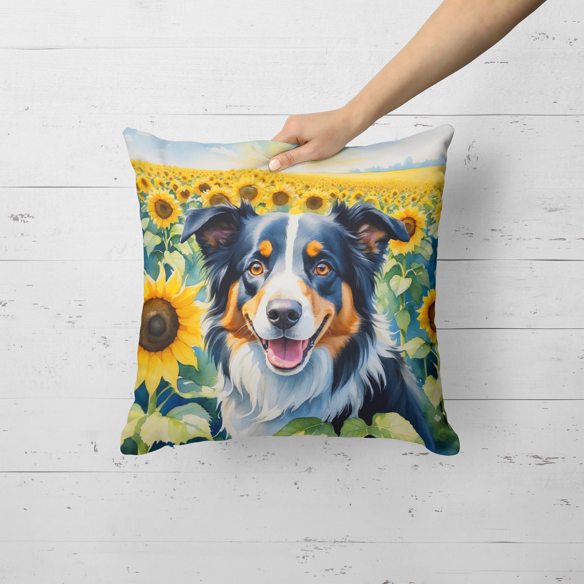 Border Collie in Sunflowers Decorative Throw Pillow 18x18 Indoor Outdoor Accent Cushion, Fabric Cover with Insert for Sofa, Bed, Porch & Living Room