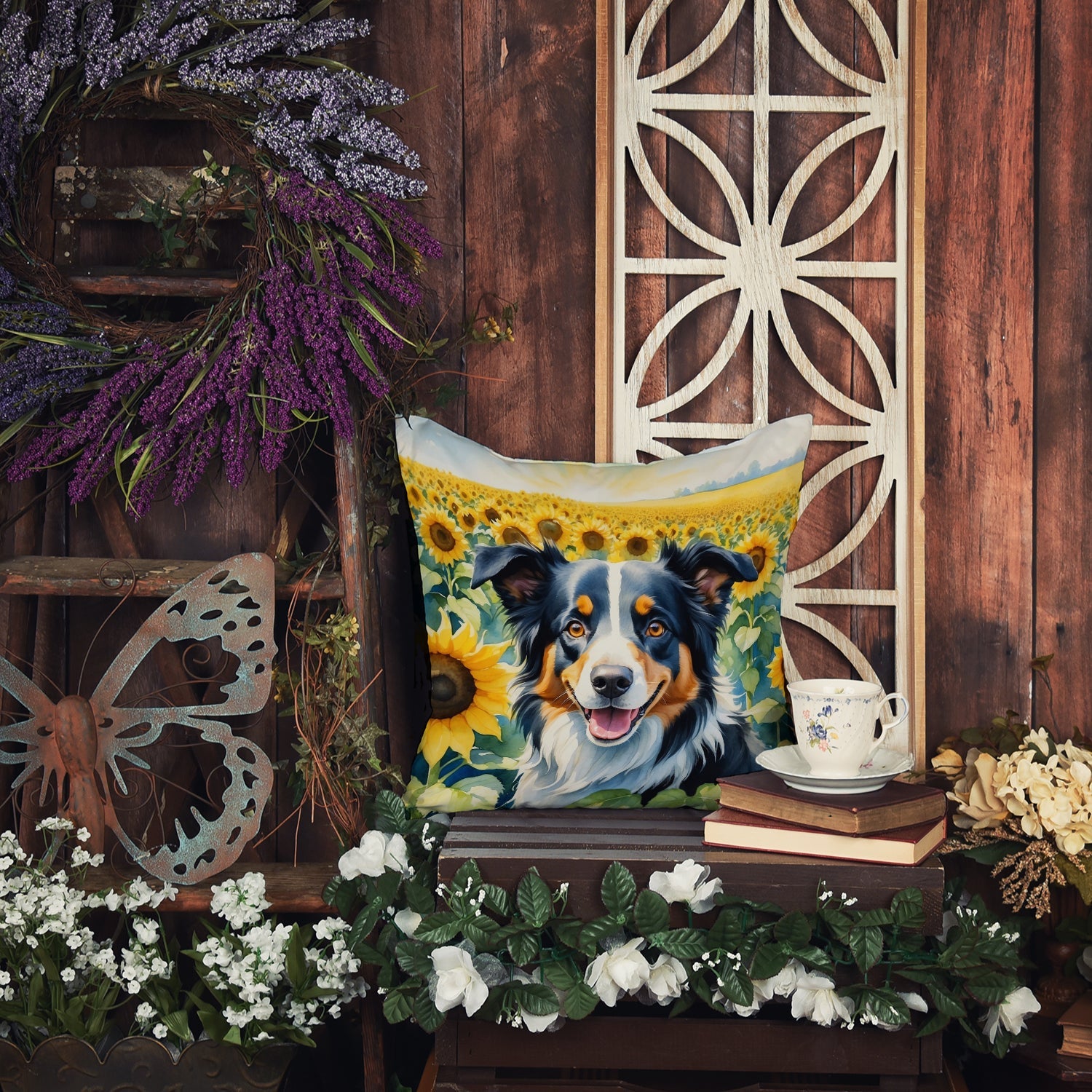 Border Collie in Sunflowers Decorative Throw Pillow 18x18 Indoor Outdoor Accent Cushion, Fabric Cover with Insert for Sofa, Bed, Porch & Living Room