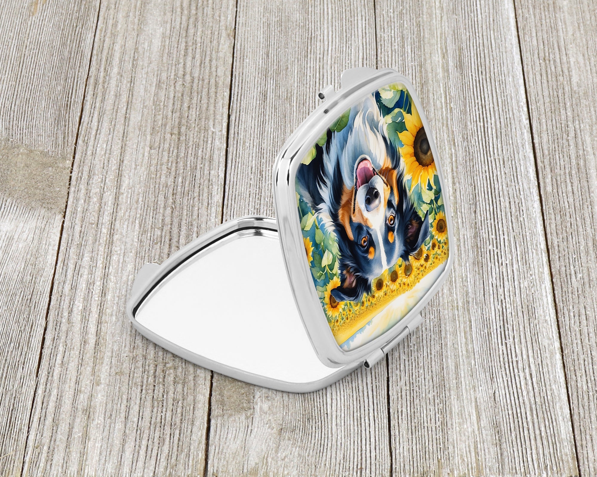 Border Collie in Sunflowers Compact Mirror Decorative Travel Makeup Mirror for Women Girls Gifts Pocket Makeup Mirror Folding Handheld