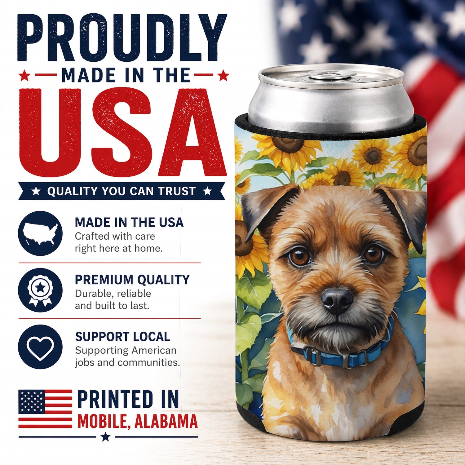 Border Terrier in Sunflowers Can or Bottle Hugger Cooler Sleeve for Standard 12 oz Cans, Insulated Foam Beer & Soda Can Hugger Reusable