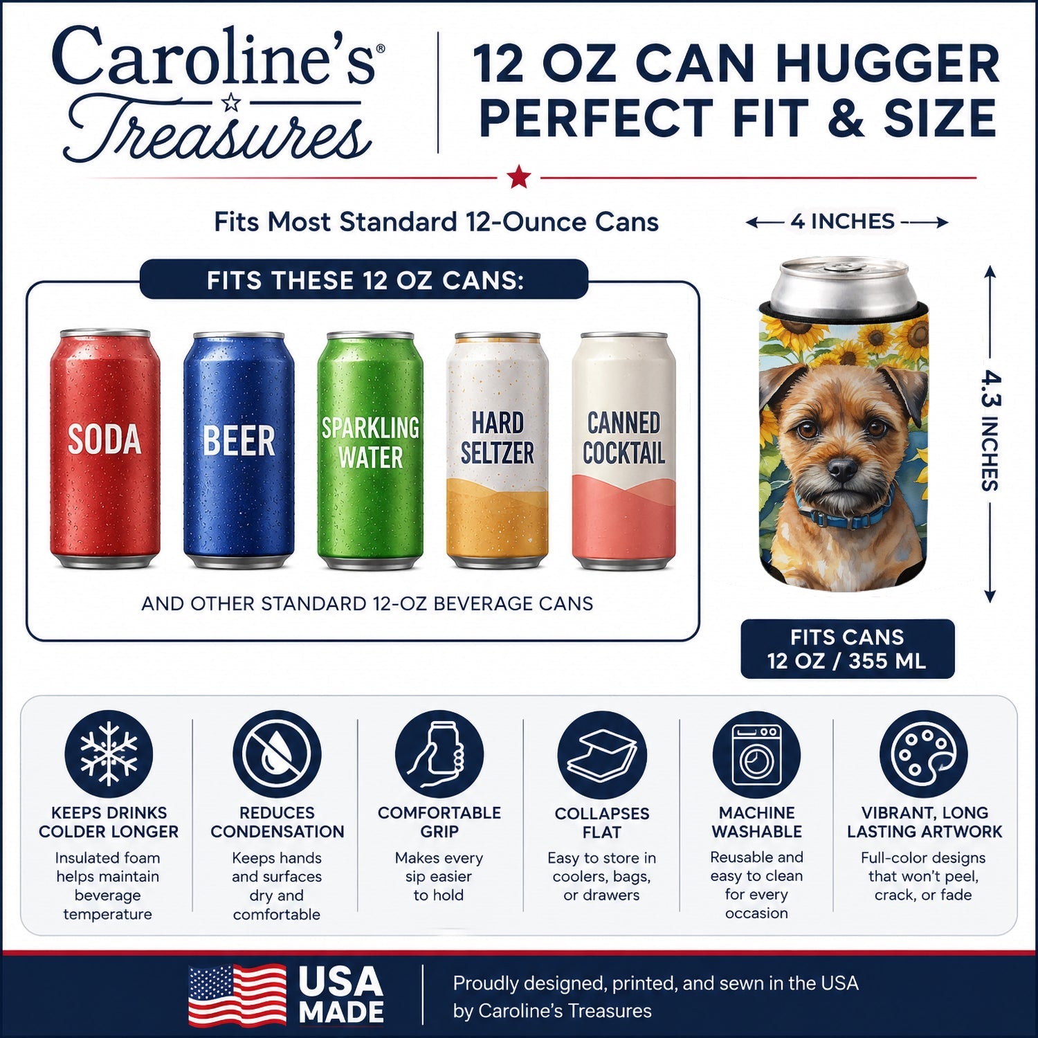 Border Terrier in Sunflowers Can or Bottle Hugger Cooler Sleeve for Standard 12 oz Cans, Insulated Foam Beer & Soda Can Hugger Reusable
