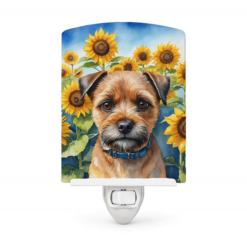 Border Terrier in Sunflowers Ceramic Night Light Compact, UL-Certified, Ideal for Bedroom, Bathroom, Nursery, Hallway, Kitchen, 6x4x3, Multicolor