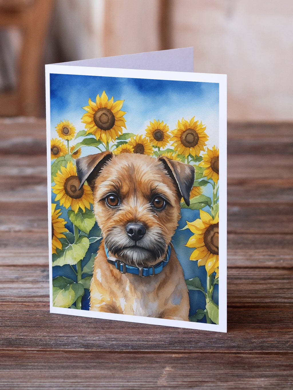 Border Terrier in Sunflowers Greeting Cards Pack of 8 Blank Cards with Envelopes Whimsical A7 Size 5x7