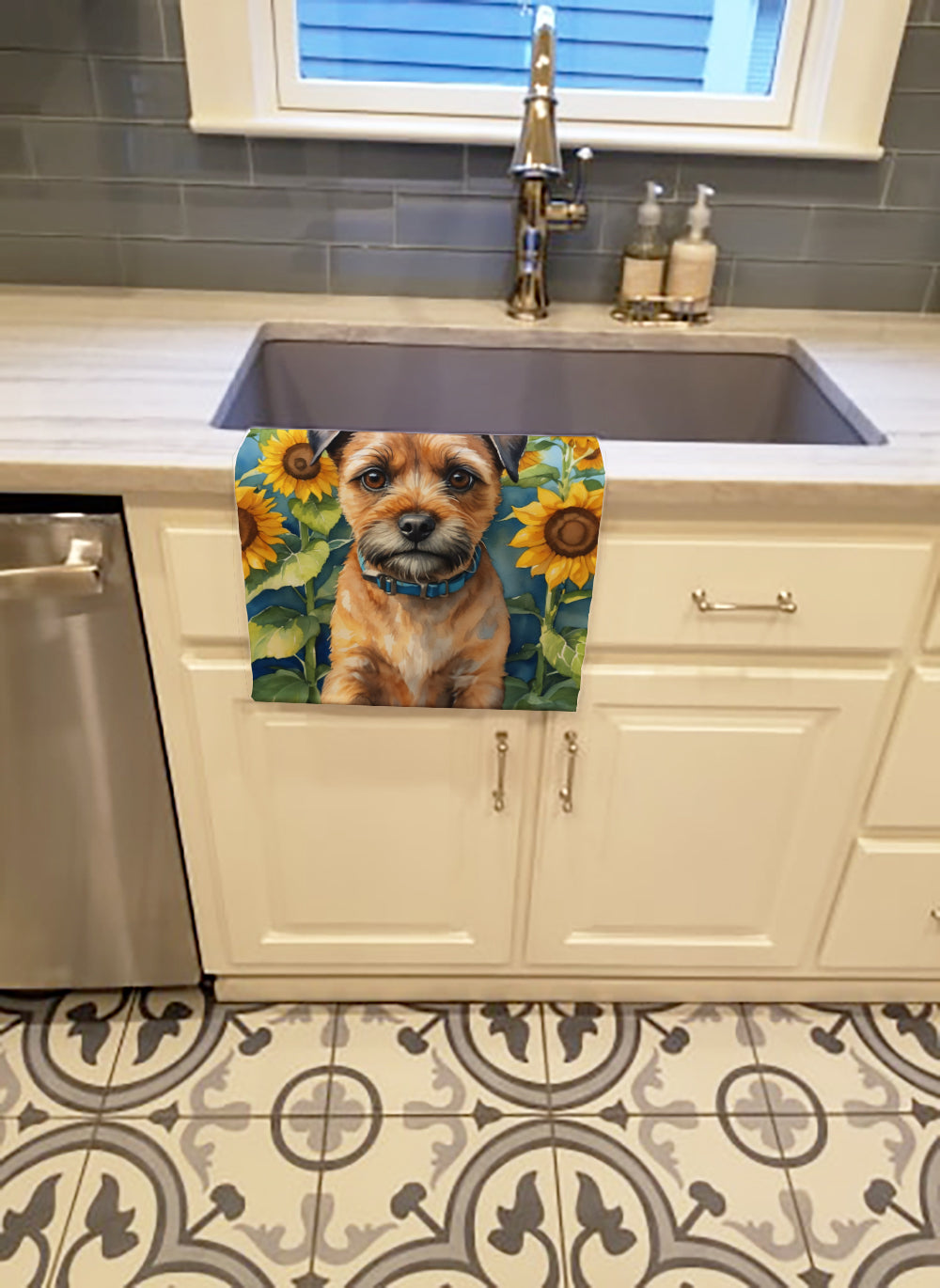Border Terrier in Sunflowers Kitchen Towel Velour Plush Front and Cotton Loop Back Machine Washable
