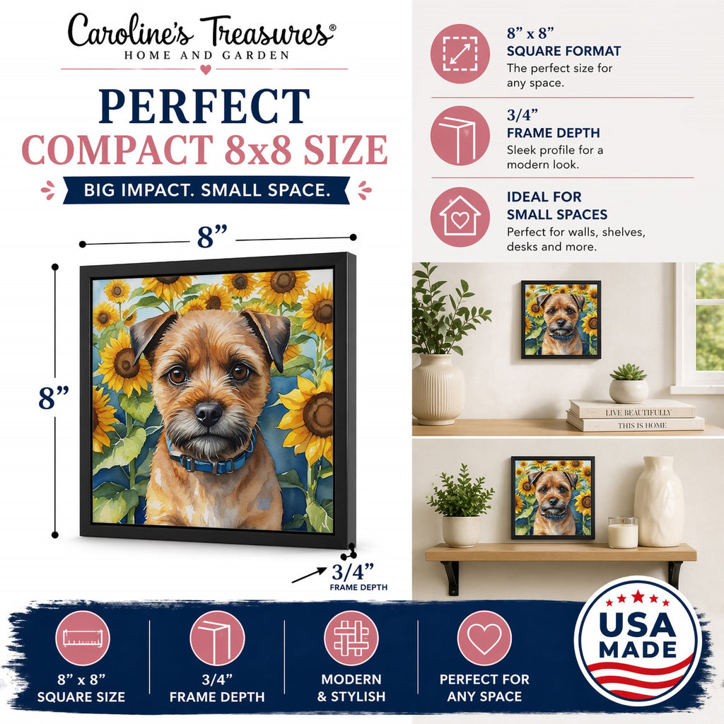 Border Terrier in Sunflowers Framed Metal Print Bathroom, Kitchen, Office, Home Decor Wall Art Ready to Hang, Square, 8X8