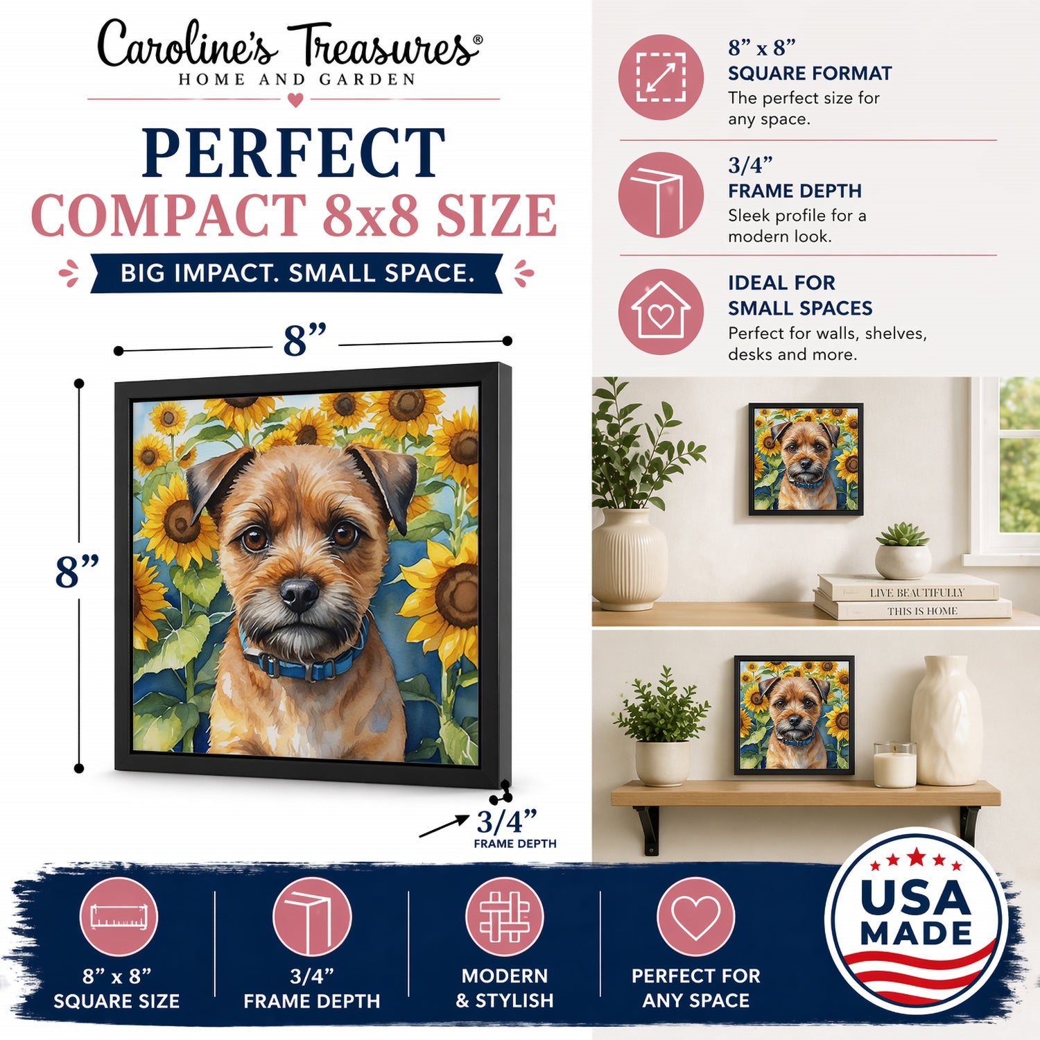 Border Terrier in Sunflowers Framed Metal Print Bathroom, Kitchen, Office, Home Decor Wall Art Ready to Hang, Square, 8X8