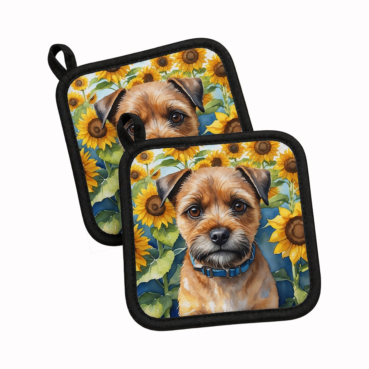 Border Terrier in Sunflowers Pot Holder Set of 2 Heat Resistant Quilted Hot Pads 7.5 x 7.5 Inch, Insulated Kitchen Trivets for Cooking & Baking