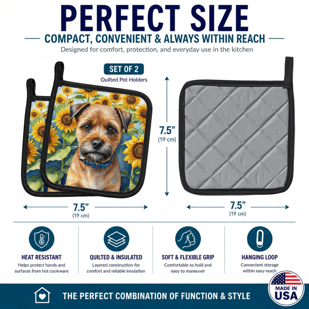 Border Terrier in Sunflowers Pot Holder Set of 2 Heat Resistant Quilted Hot Pads 7.5 x 7.5 Inch, Insulated Kitchen Trivets for Cooking & Baking