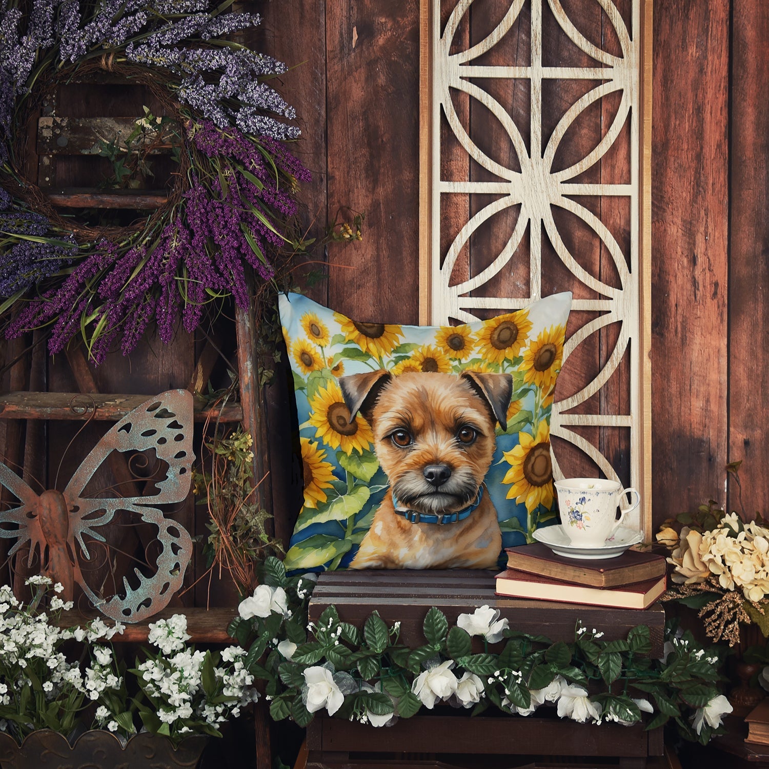 Border Terrier in Sunflowers Decorative Throw Pillow 14x14 Indoor Outdoor Accent Cushion, Fabric Cover with Insert for Sofa, Bed, Porch & Living Room