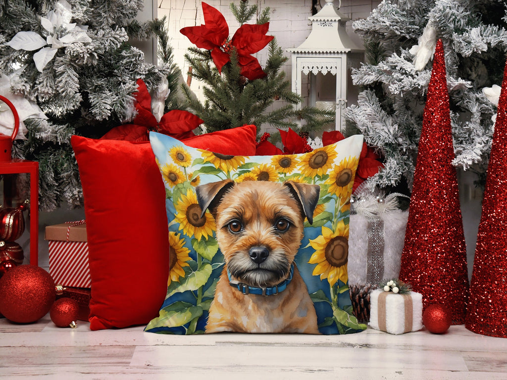 Border Terrier in Sunflowers Decorative Throw Pillow 14x14 Indoor Outdoor Accent Cushion, Fabric Cover with Insert for Sofa, Bed, Porch & Living Room