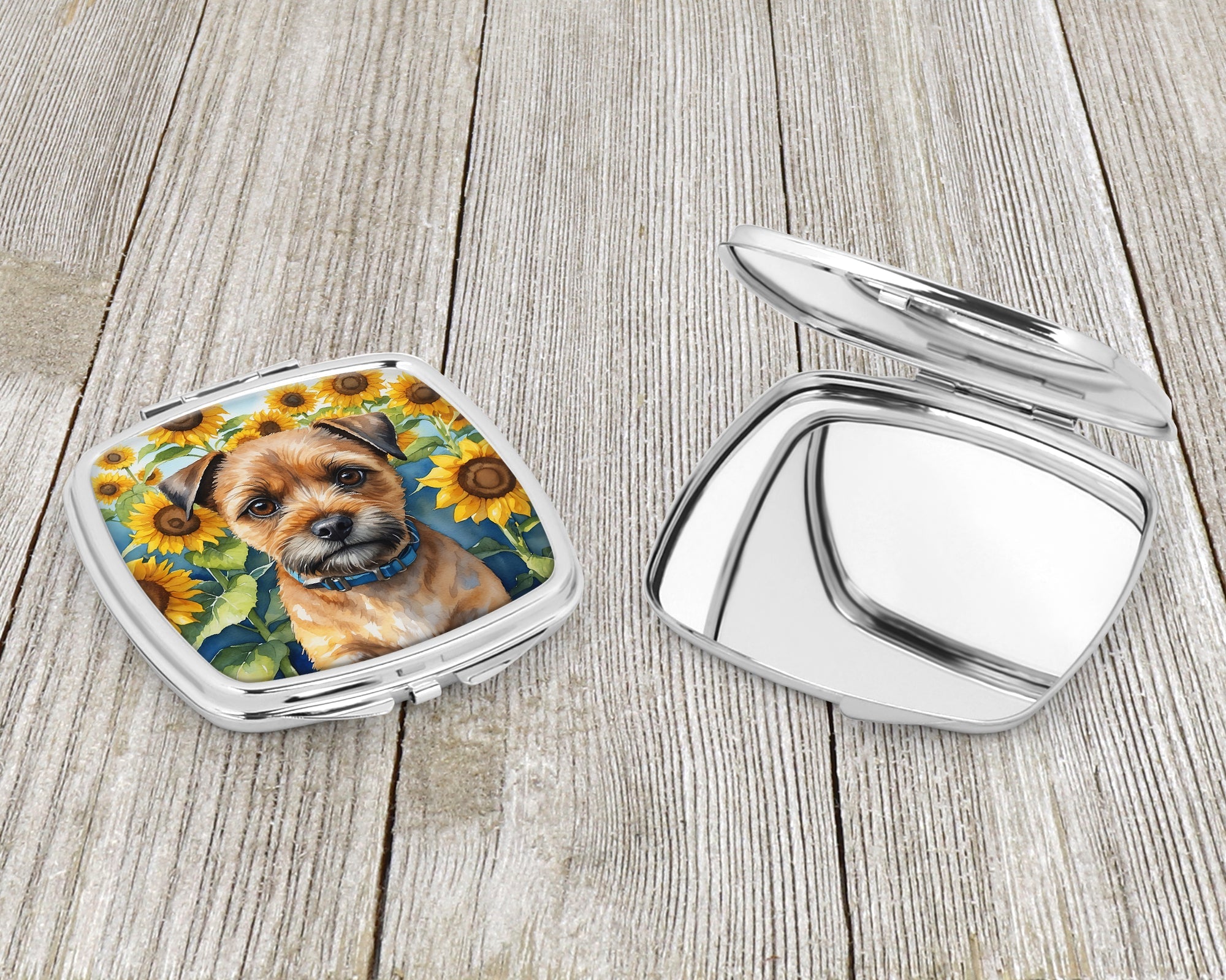Border Terrier in Sunflowers Compact Mirror Decorative Travel Makeup Mirror for Women Girls Gifts Pocket Makeup Mirror Folding Handheld