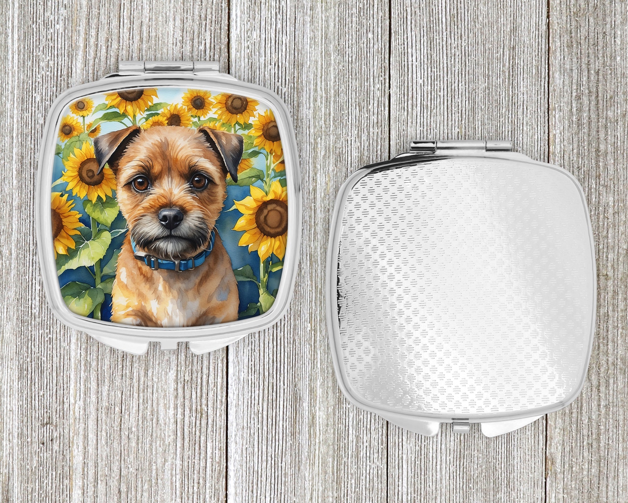 Border Terrier in Sunflowers Compact Mirror Decorative Travel Makeup Mirror for Women Girls Gifts Pocket Makeup Mirror Folding Handheld