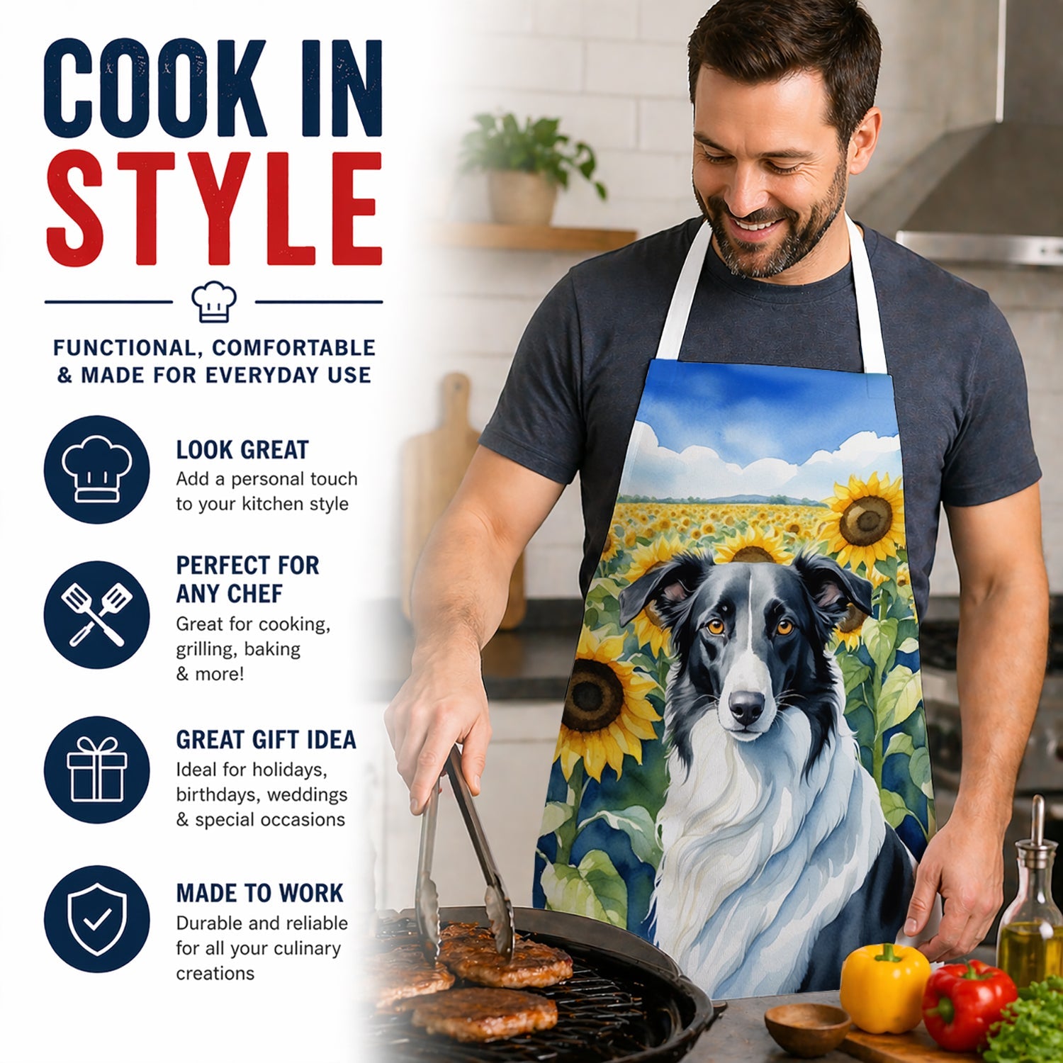 Borzoi in Sunflowers Apron Cooking Kitchen Server Baking Crafts Gardening for Adult Women Men, Unisex, Large, Multicolor