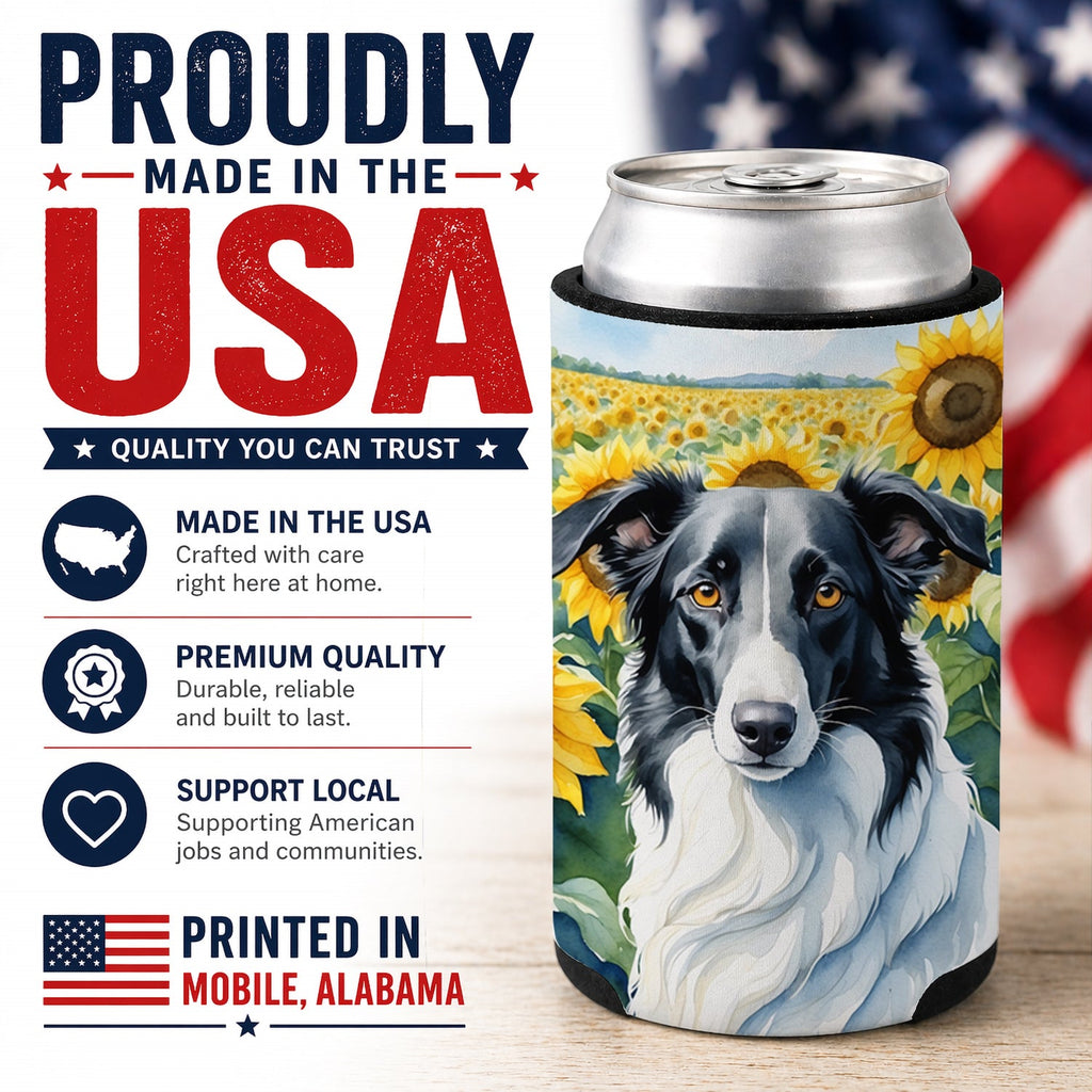Borzoi in Sunflowers Can or Bottle Hugger Cooler Sleeve for Standard 12 oz Cans, Insulated Foam Beer & Soda Can Hugger Reusable