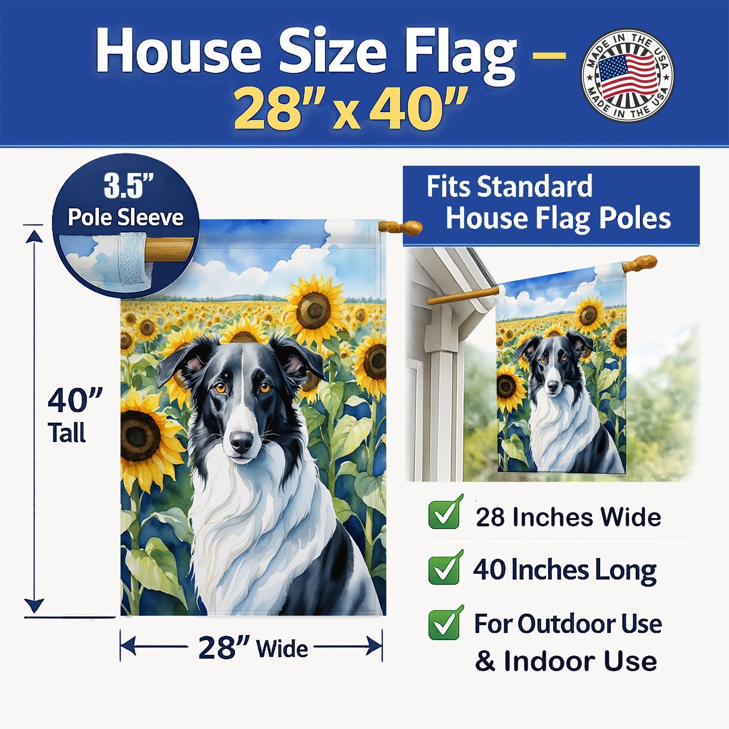 Borzoi in Sunflowers House Flag 28x40 Porch Sleeve Pole Decorative Outside Yard Banner Artwork Wall Hanging, Polyester
