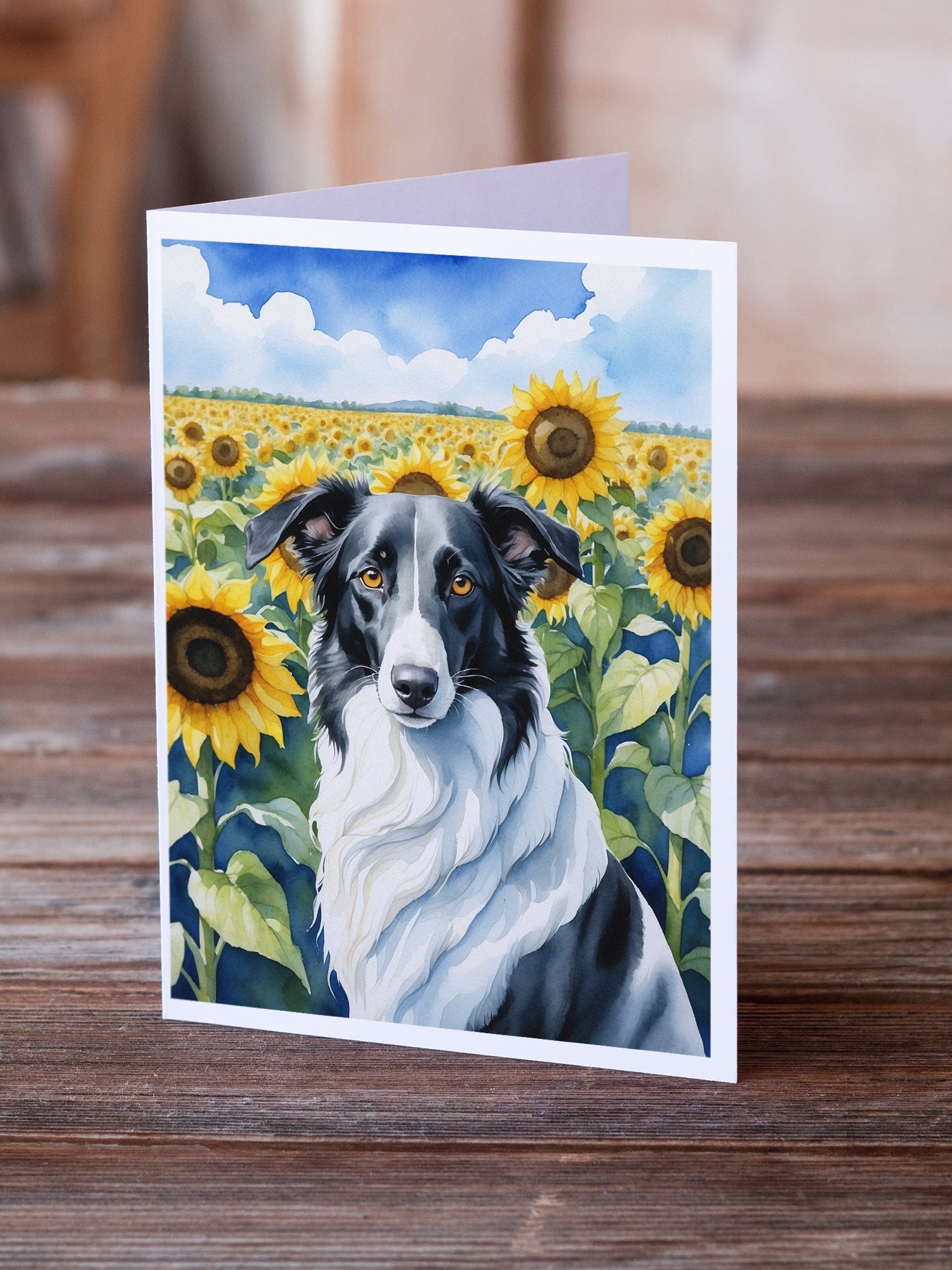 Borzoi in Sunflowers Greeting Cards Pack of 8 Blank Cards with Envelopes Whimsical A7 Size 5x7
