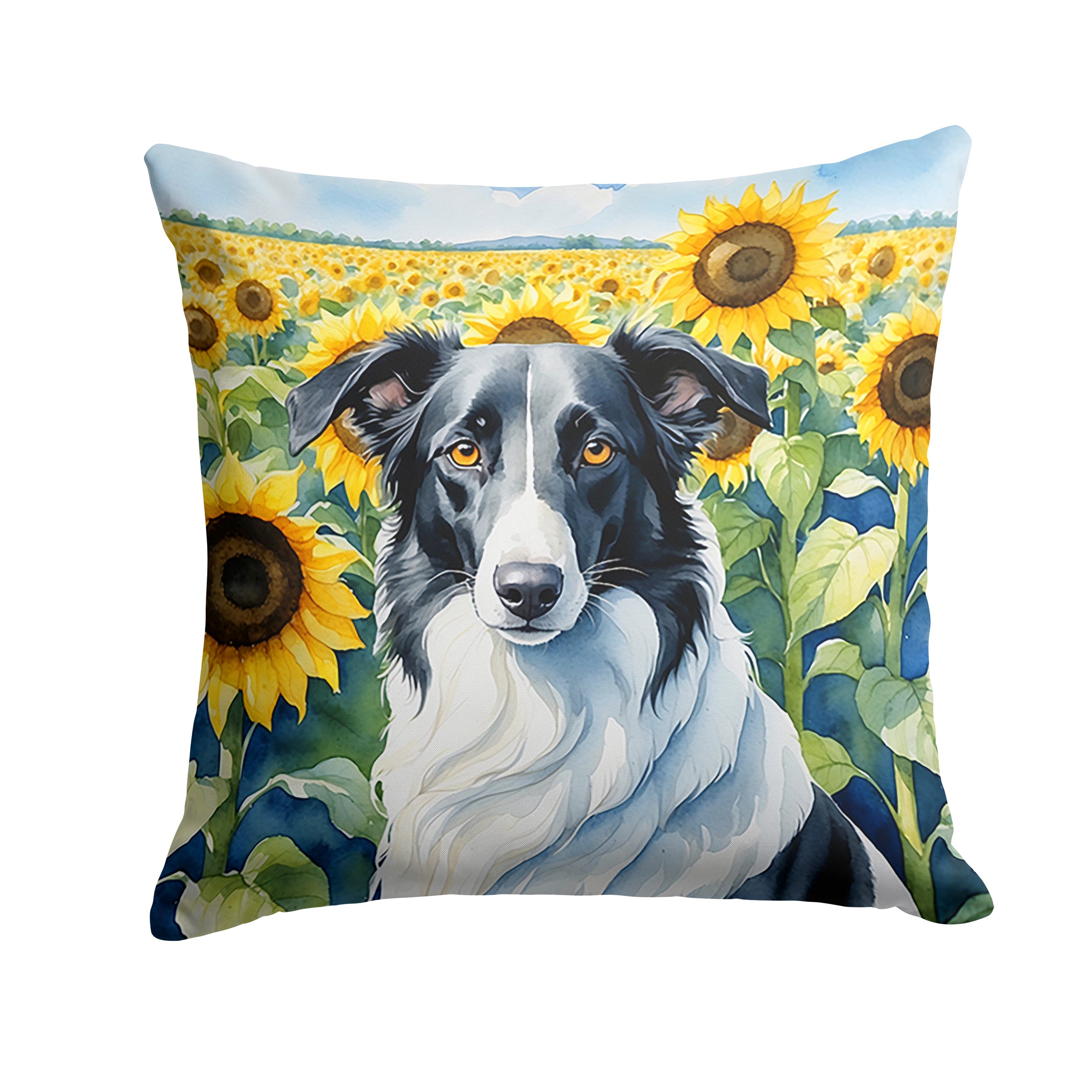 Borzoi in Sunflowers Decorative Throw Pillow 14x14 Indoor Outdoor Accent Cushion, Fabric Cover with Insert for Sofa, Bed, Porch & Living Room