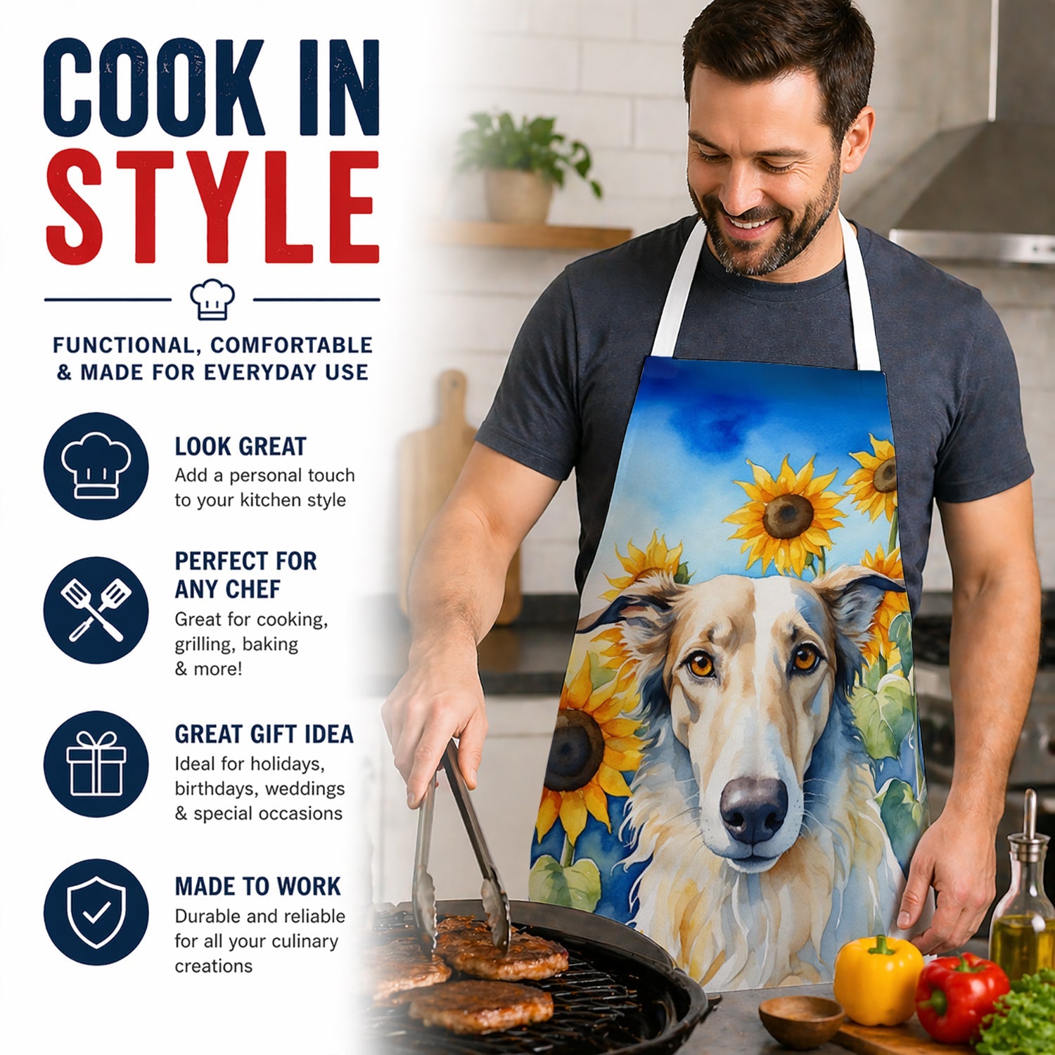 Borzoi in Sunflowers Apron Cooking Kitchen Server Baking Crafts Gardening for Adult Women Men, Unisex, Large, Multicolor