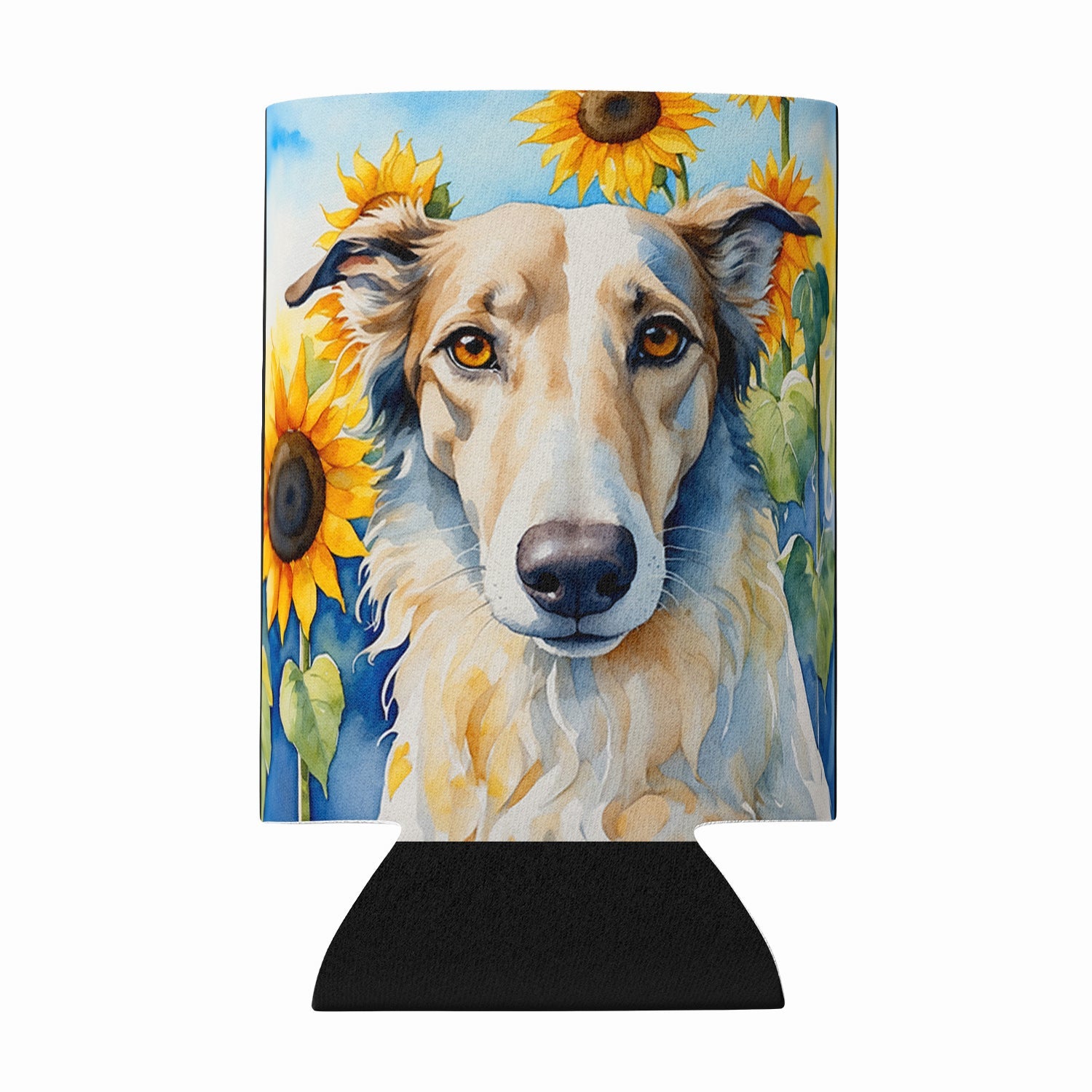 Borzoi in Sunflowers Can or Bottle Hugger Cooler Sleeve for Standard 12 oz Cans, Insulated Foam Beer & Soda Can Hugger Reusable