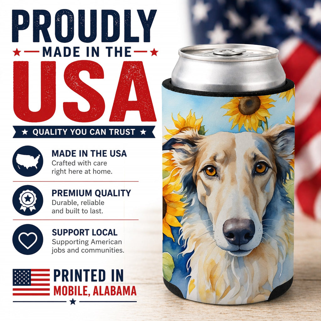 Borzoi in Sunflowers Can or Bottle Hugger Cooler Sleeve for Standard 12 oz Cans, Insulated Foam Beer & Soda Can Hugger Reusable