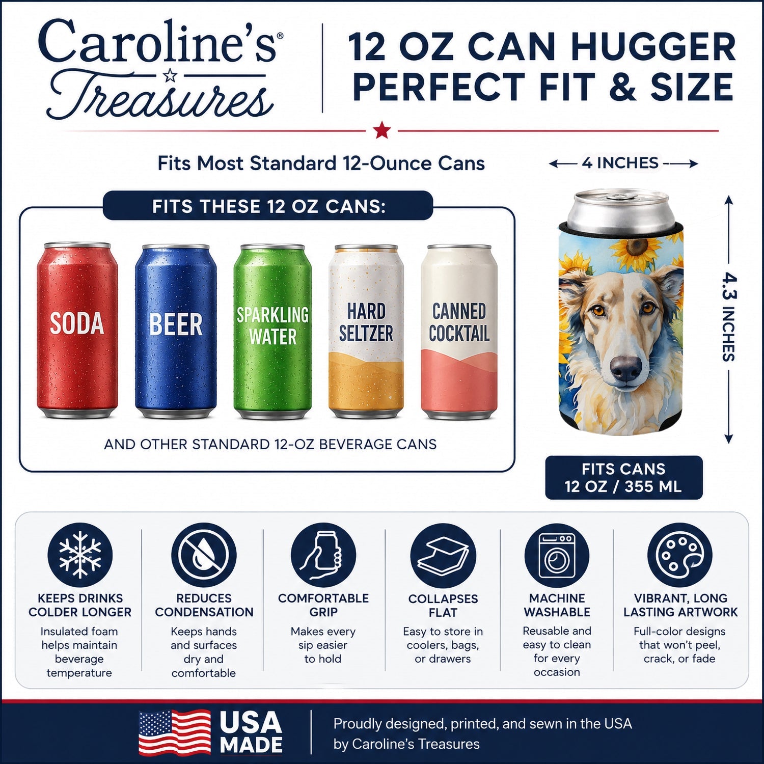 Borzoi in Sunflowers Can or Bottle Hugger Cooler Sleeve for Standard 12 oz Cans, Insulated Foam Beer & Soda Can Hugger Reusable