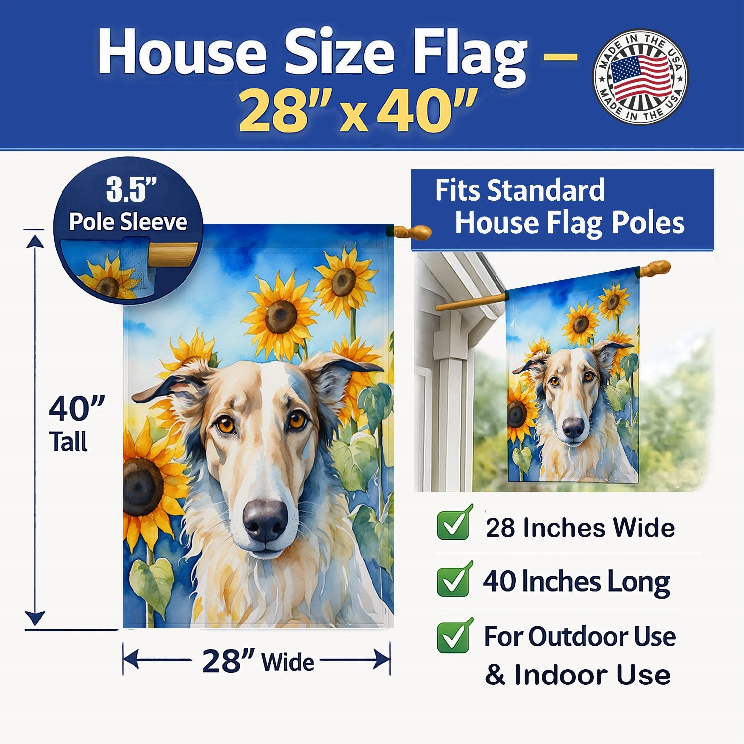 Borzoi in Sunflowers House Flag 28x40 Porch Sleeve Pole Decorative Outside Yard Banner Artwork Wall Hanging, Polyester