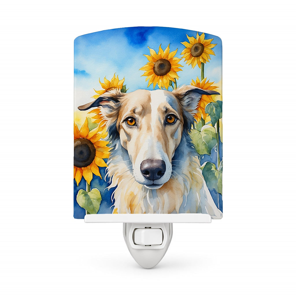 Borzoi in Sunflowers Ceramic Night Light Compact, UL-Certified, Ideal for Bedroom, Bathroom, Nursery, Hallway, Kitchen, 6x4x3, Multicolor