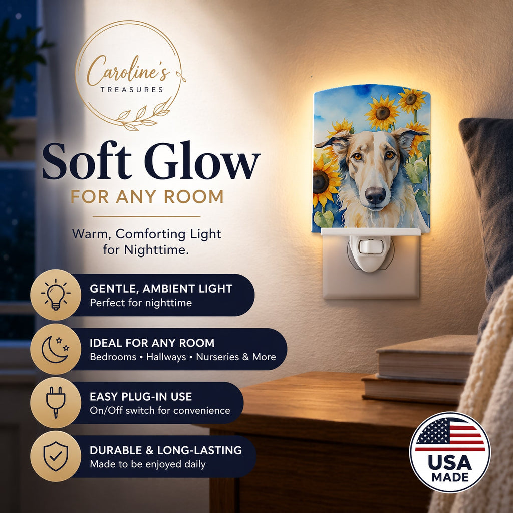Borzoi in Sunflowers Ceramic Night Light Compact, UL-Certified, Ideal for Bedroom, Bathroom, Nursery, Hallway, Kitchen, 6x4x3, Multicolor