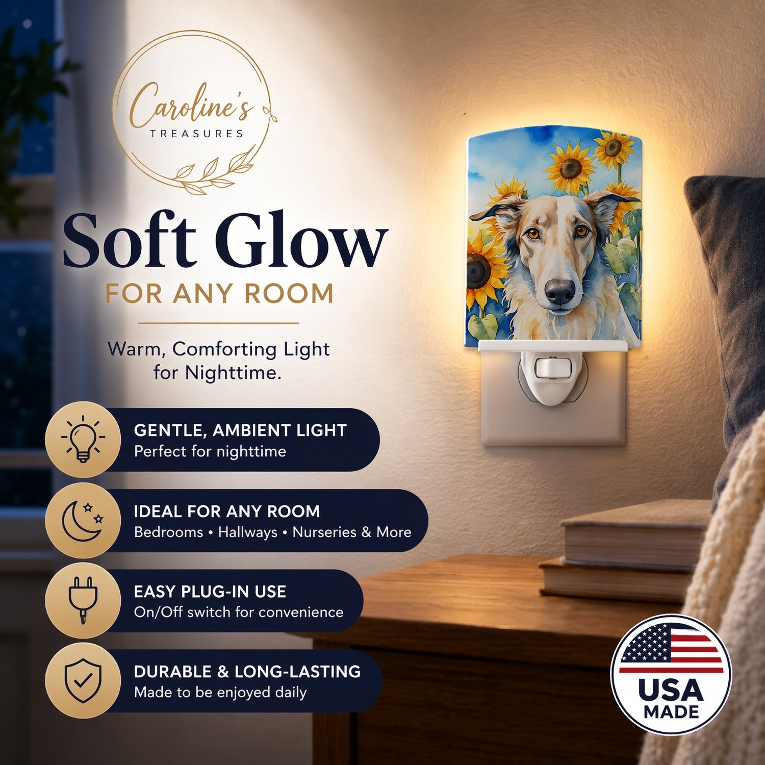 Borzoi in Sunflowers Ceramic Night Light Compact, UL-Certified, Ideal for Bedroom, Bathroom, Nursery, Hallway, Kitchen, 6x4x3, Multicolor