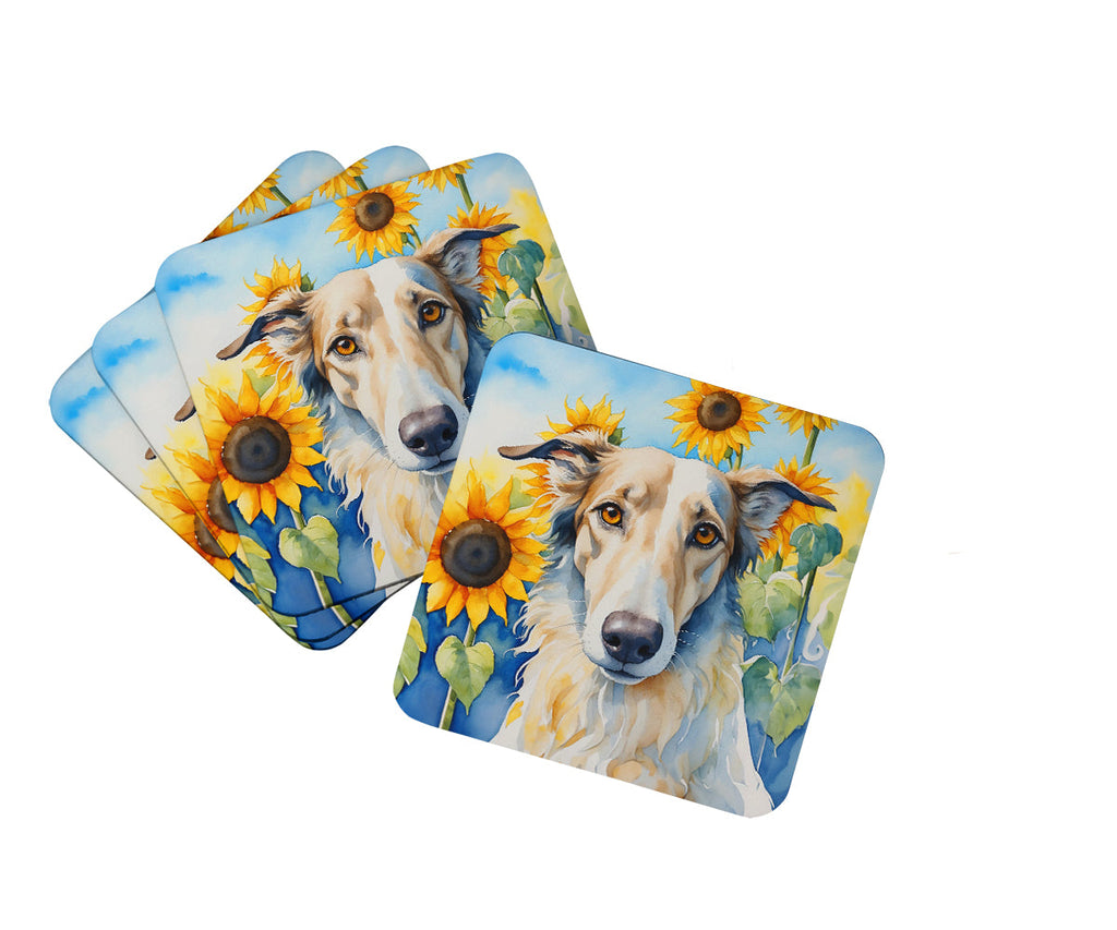 Borzoi in Sunflowers Foam Coasters Set of 4 Cup Coasters for Indoor Outdoor, Tabletop Protection, Anti Slip, Mouse pad Material