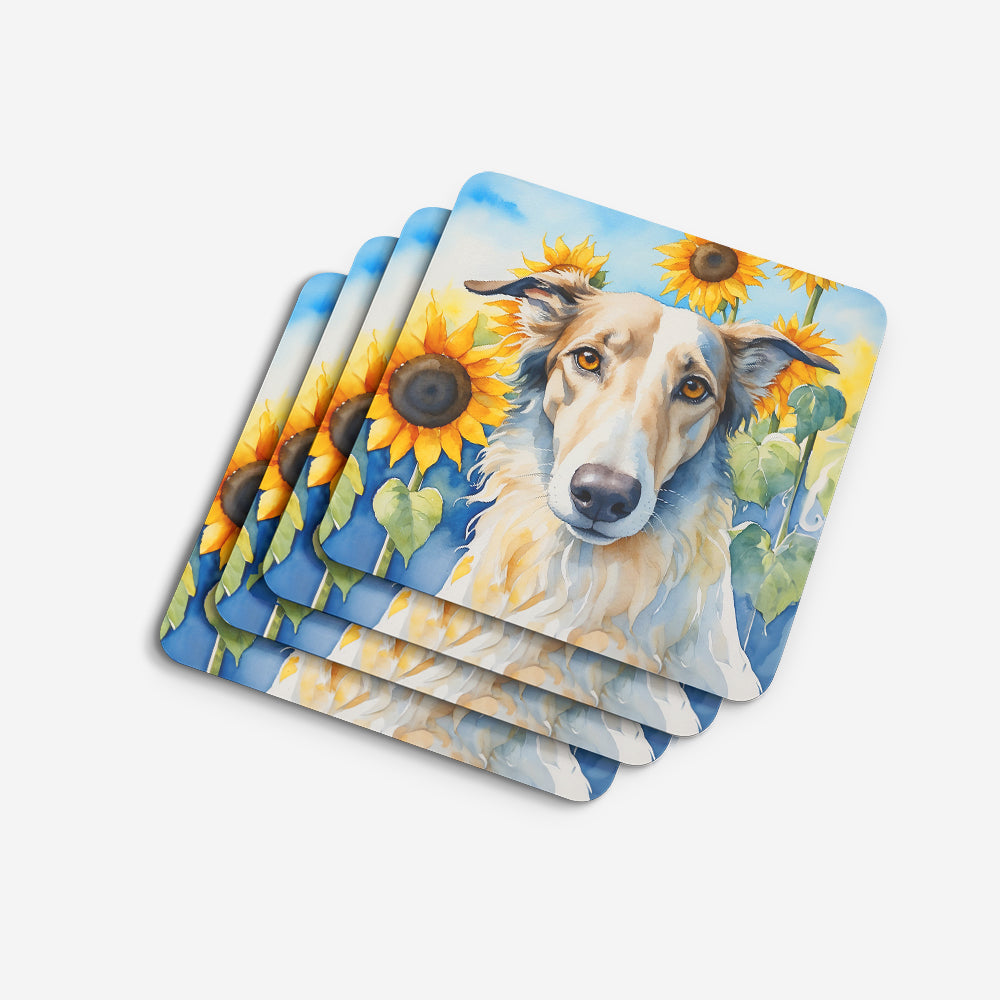 Borzoi in Sunflowers Foam Coasters Set of 4 Cup Coasters for Indoor Outdoor, Tabletop Protection, Anti Slip, Mouse pad Material