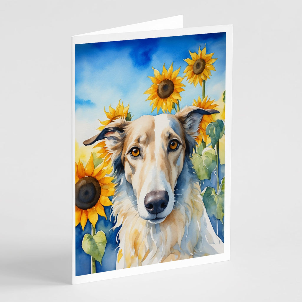 Borzoi in Sunflowers Greeting Cards Pack of 8 Blank Cards with Envelopes Whimsical A7 Size 5x7