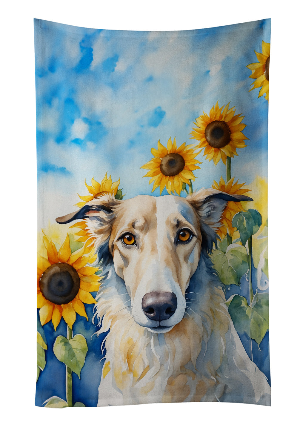 Borzoi in Sunflowers Kitchen Towel Velour Plush Front and Cotton Loop Back Machine Washable