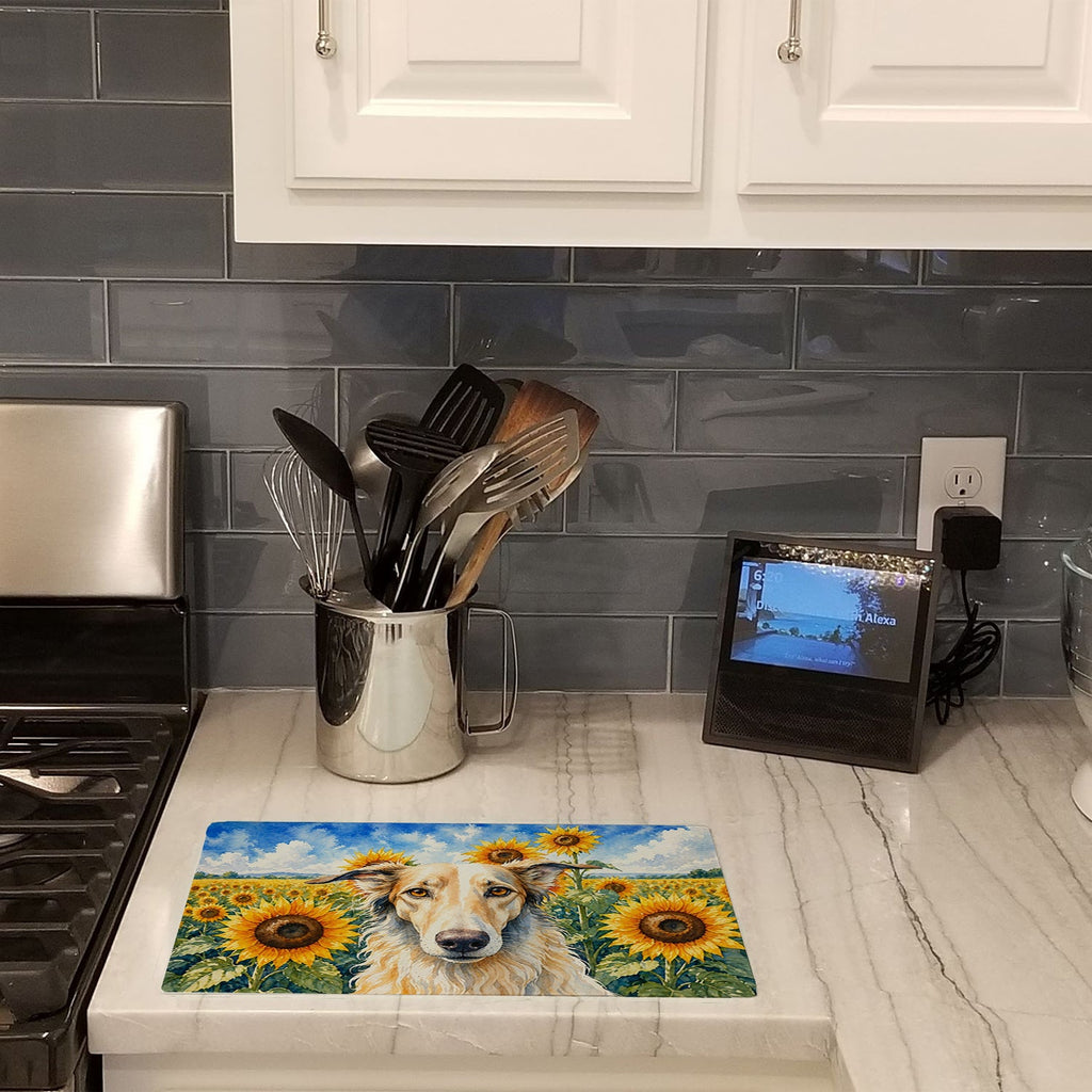 Borzoi in Sunflowers Cutting Board Tempered Glass Kitchen Cutting Surface, Heat Resistant Chopping Board with Non-Slip Feet, Decorative Food Prep & Serving