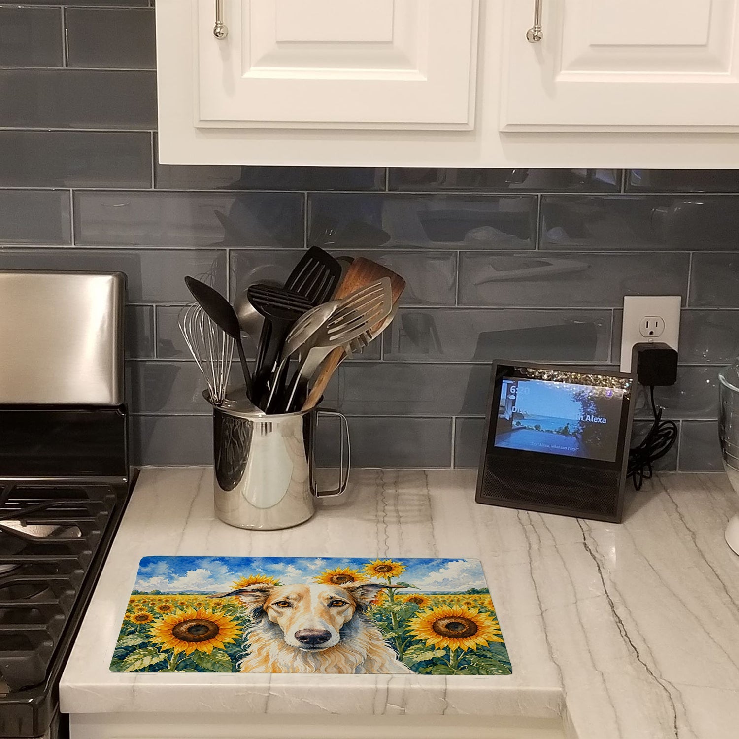 Borzoi in Sunflowers Cutting Board Tempered Glass Kitchen Cutting Surface, Heat Resistant Chopping Board with Non-Slip Feet, Decorative Food Prep & Serving