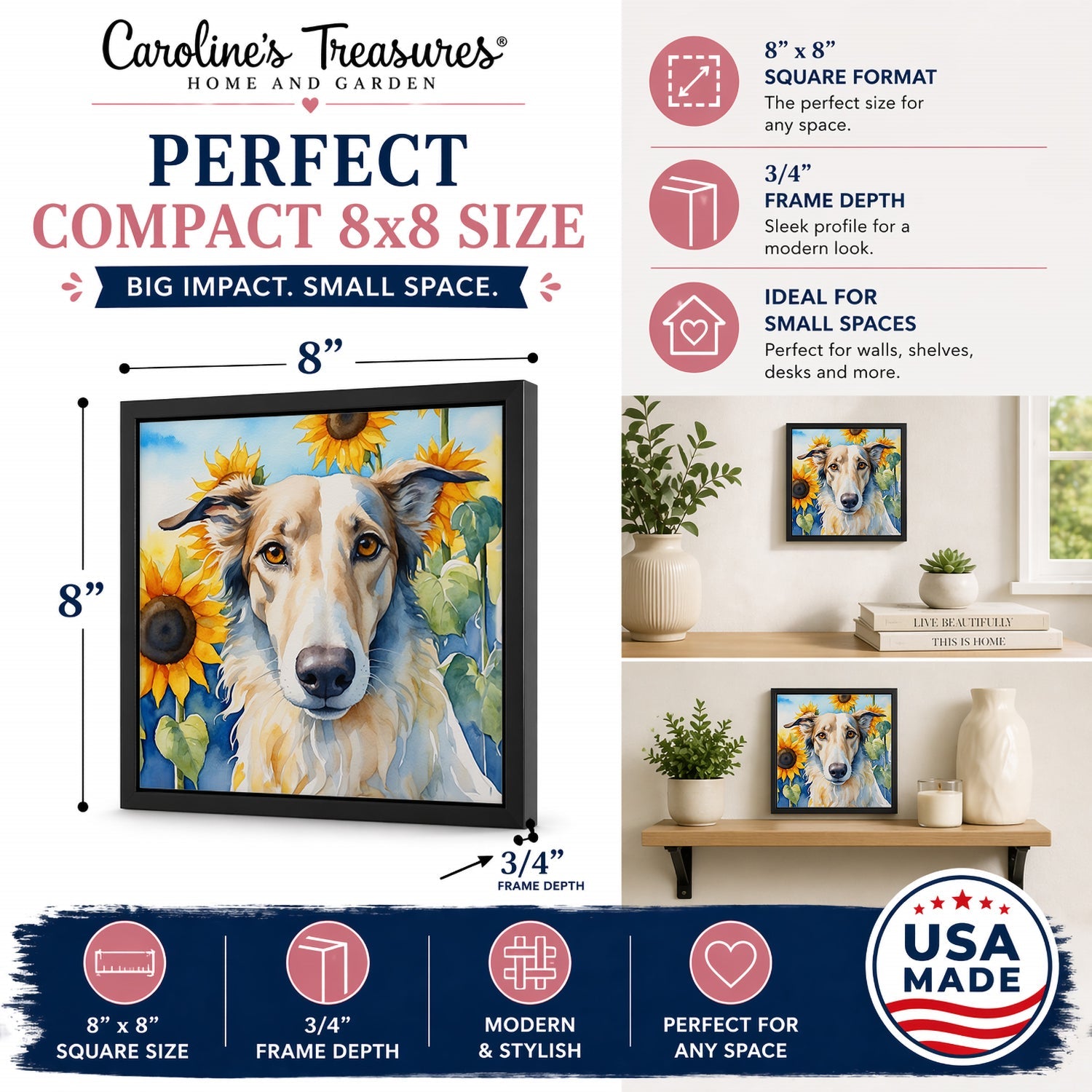 Borzoi in Sunflowers Framed Metal Print Bathroom, Kitchen, Office, Home Decor Wall Art Ready to Hang, Square, 8X8