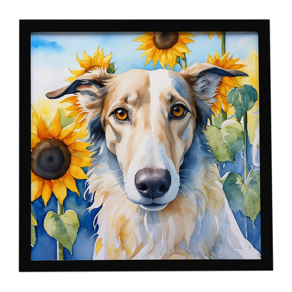 Borzoi in Sunflowers Framed Metal Print Bathroom, Kitchen, Office, Home Decor Wall Art Ready to Hang, Square, 8X8