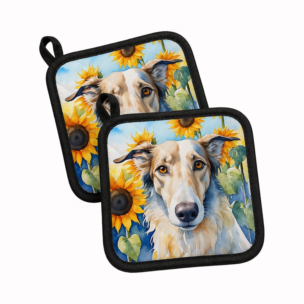Borzoi in Sunflowers Pot Holder Set of 2 Heat Resistant Quilted Hot Pads 7.5 x 7.5 Inch, Insulated Kitchen Trivets for Cooking & Baking