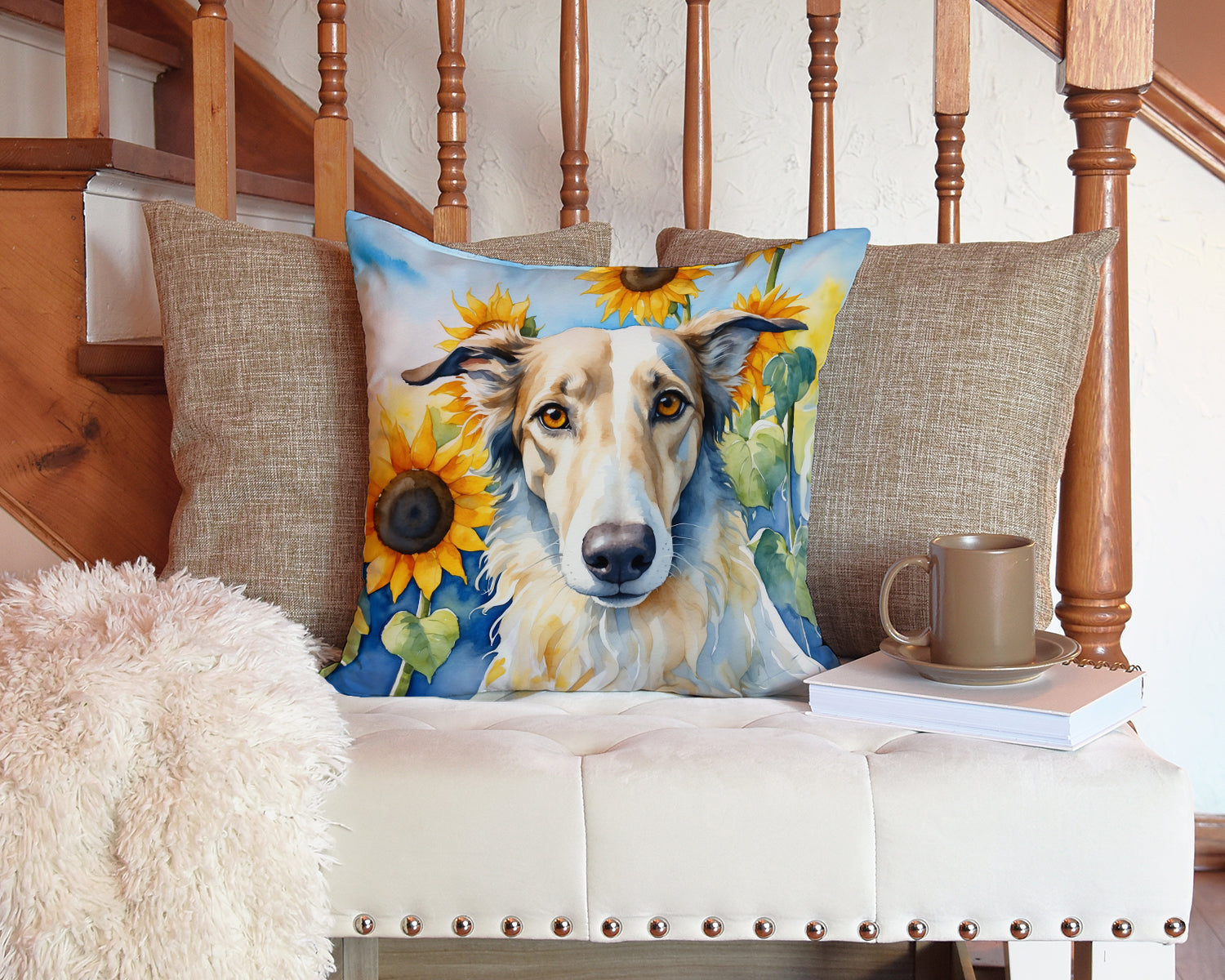 Borzoi in Sunflowers Decorative Throw Pillow 14x14 Indoor Outdoor Accent Cushion, Fabric Cover with Insert for Sofa, Bed, Porch & Living Room