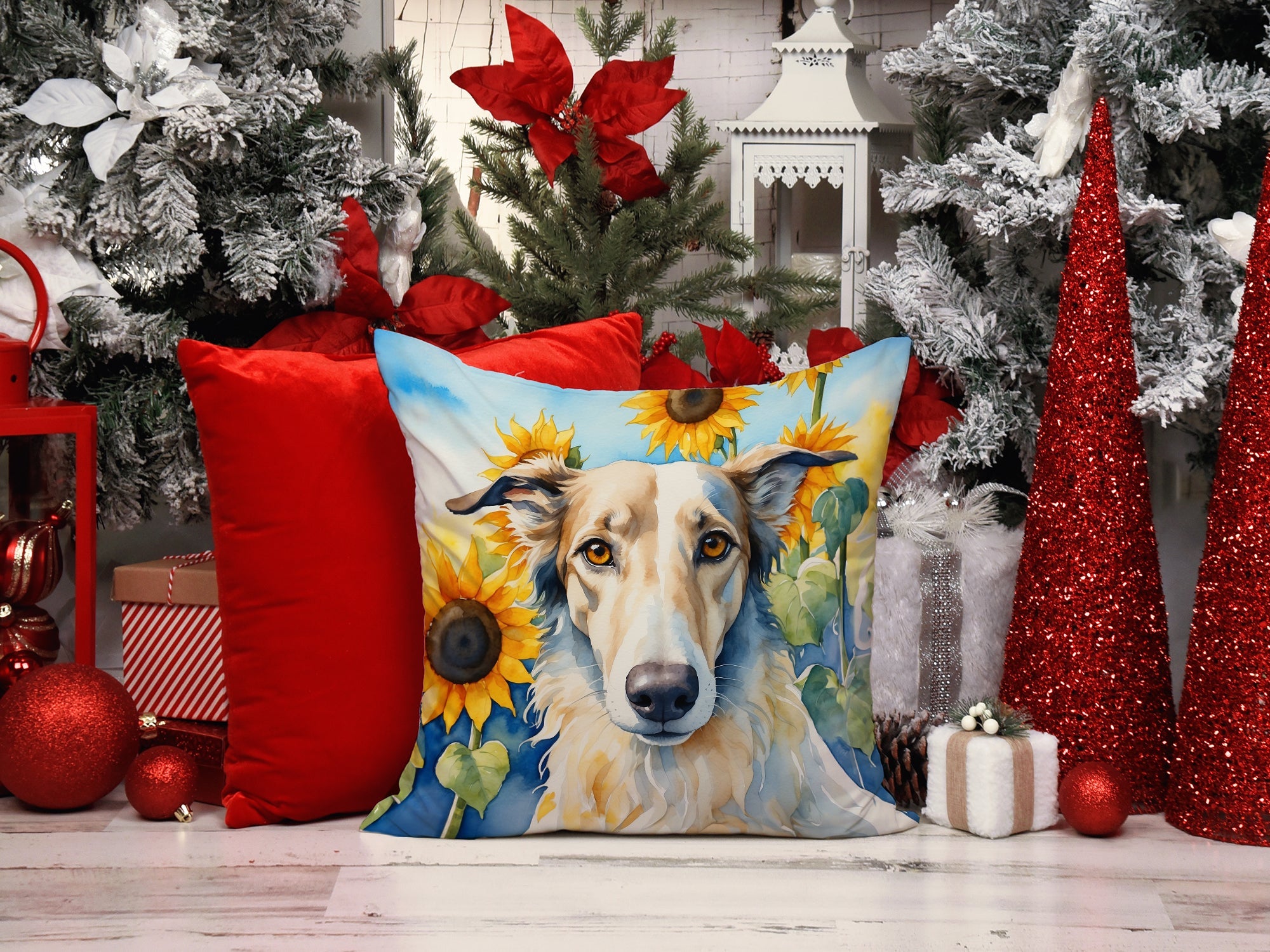 Borzoi in Sunflowers Decorative Throw Pillow 14x14 Indoor Outdoor Accent Cushion, Fabric Cover with Insert for Sofa, Bed, Porch & Living Room