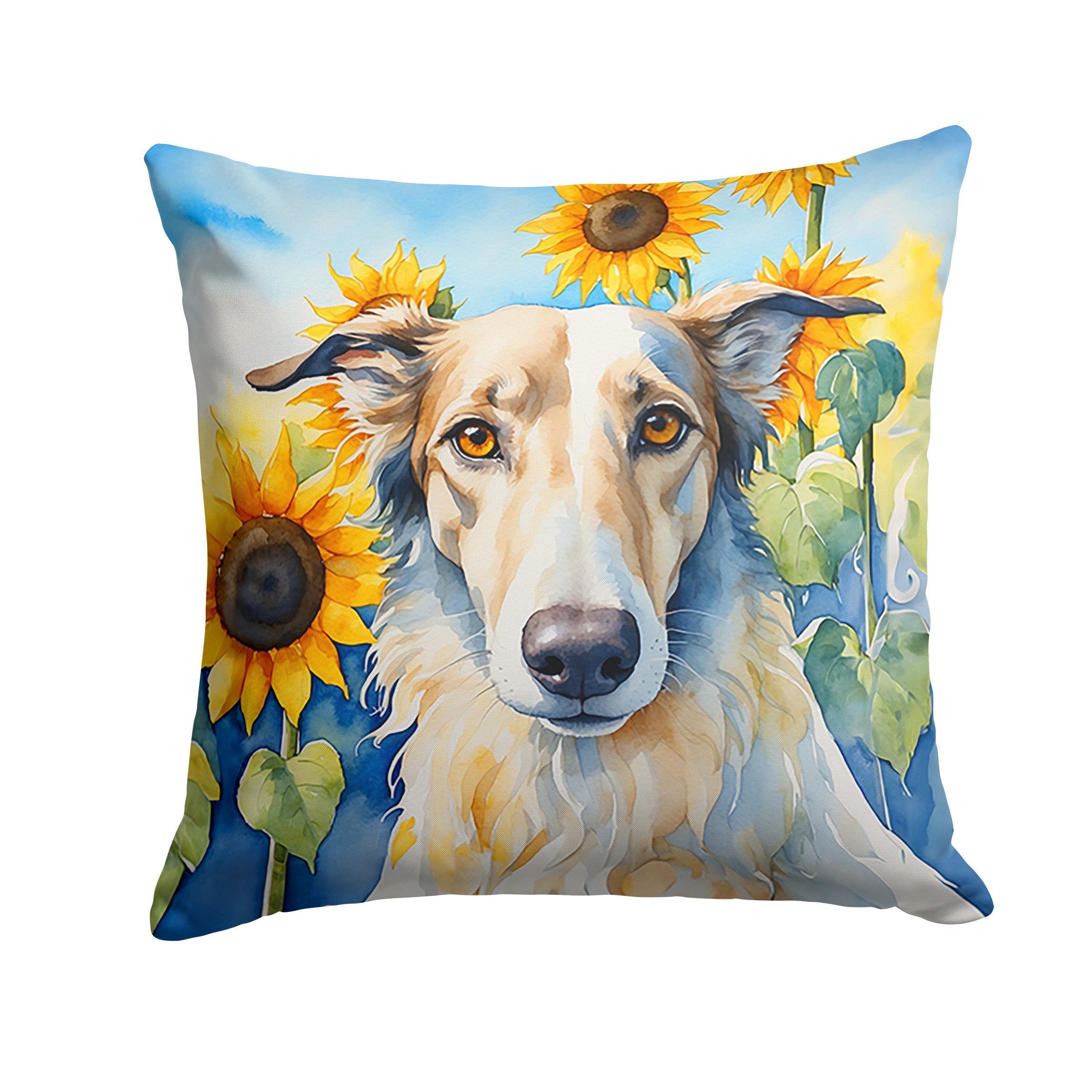 Borzoi in Sunflowers Decorative Throw Pillow 18x18 Indoor Outdoor Accent Cushion, Fabric Cover with Insert for Sofa, Bed, Porch & Living Room